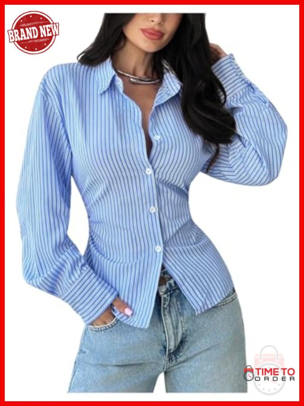 Striped Button Down Shirt with Cinched Waist and Lace Up Back